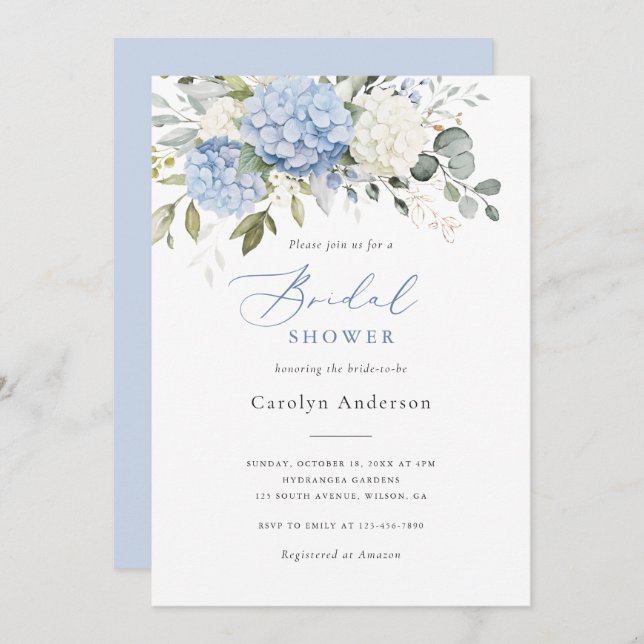 Floral Elegant Blue White Hydrangea Bridal Shower Invitation (Front/Back)