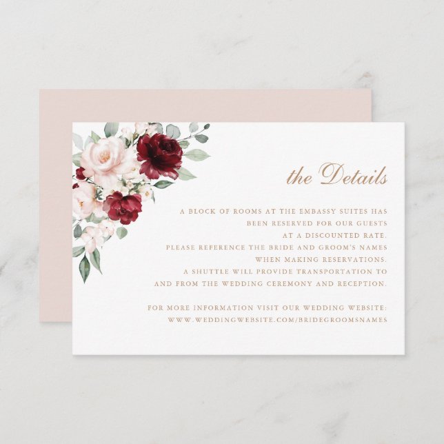Floral Elegant Blush Burgundy Wedding Details Invitation (Front/Back)