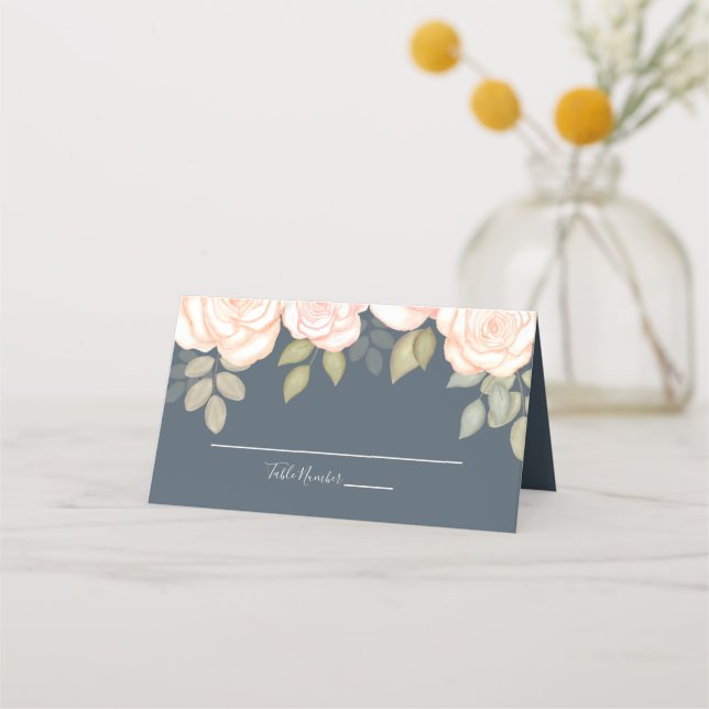 Floral Elegant Blush Floral Blue Guest Wedding Place Card (Front)