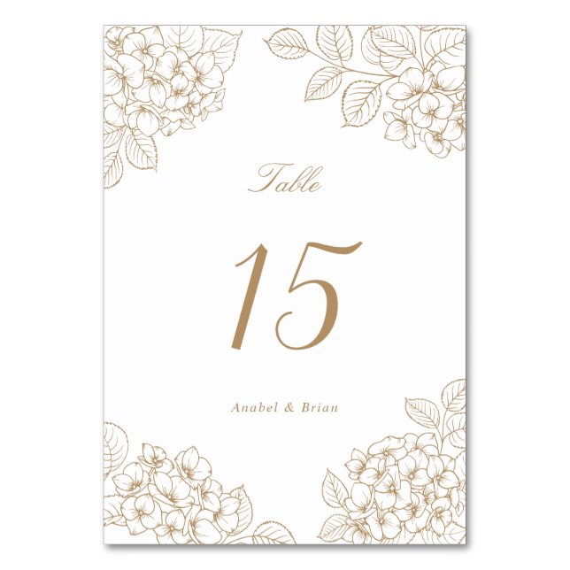 Floral Elegant Blush Gold Hydrangea Wedding Table Number (Front)