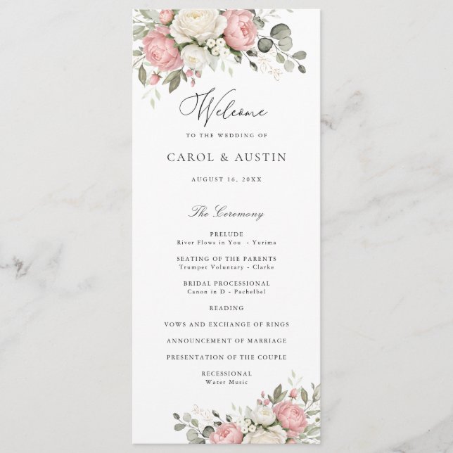 Floral Elegant Blush Pink Greenery Wedding Program Programme (Front)