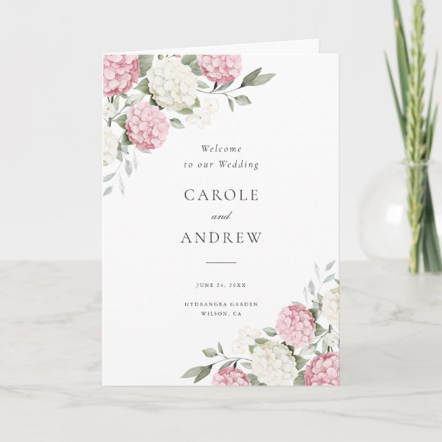 Floral Elegant Blush Pink Hydrangea Folded Wedding Programme (Front)