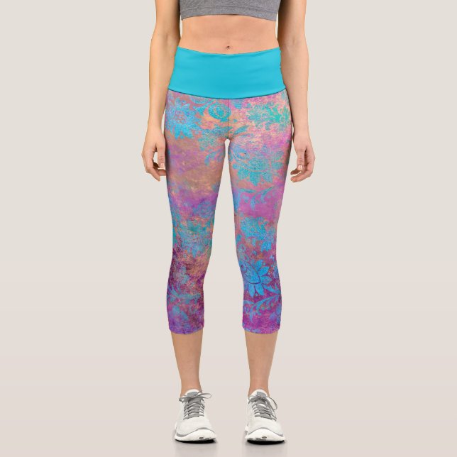 Floral elegant boho blue purple gold pink capri leggings (Front)