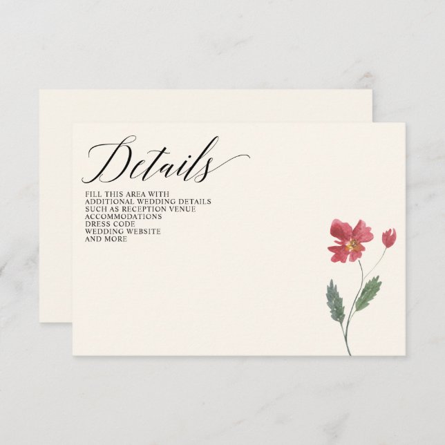 Floral Elegant Boho Summer Wildflowers Wedding Enclosure Card (Front/Back)