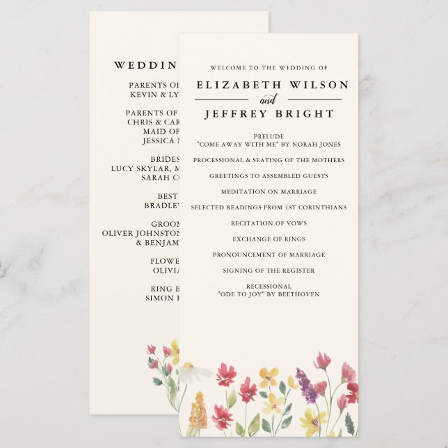 Floral Elegant Boho Summer Wildflowers Wedding Programme (Front/Back)