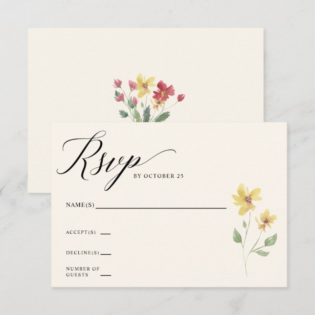 Floral Elegant Boho Summer Wildflowers Wedding RSVP Card (Front/Back)