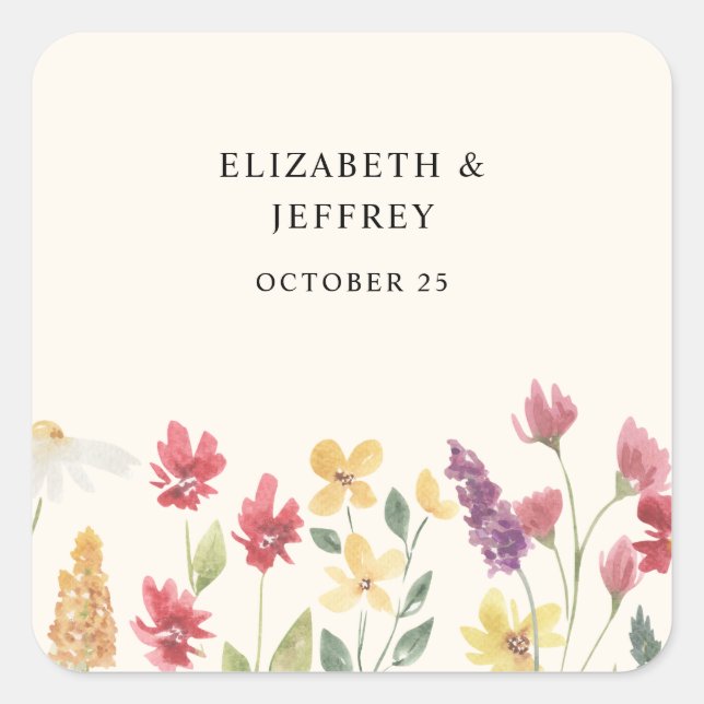 Floral Elegant Boho Summer Wildflowers Wedding Square Sticker (Front)