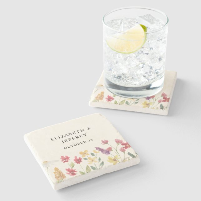 Floral Elegant Boho Summer Wildflowers Wedding Stone Coaster (Side)