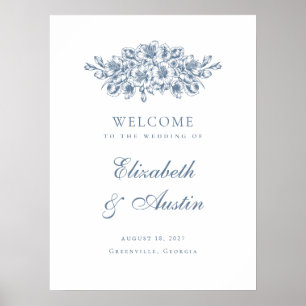 Floral Elegant Botanical Blue Wedding Welcome Sign
