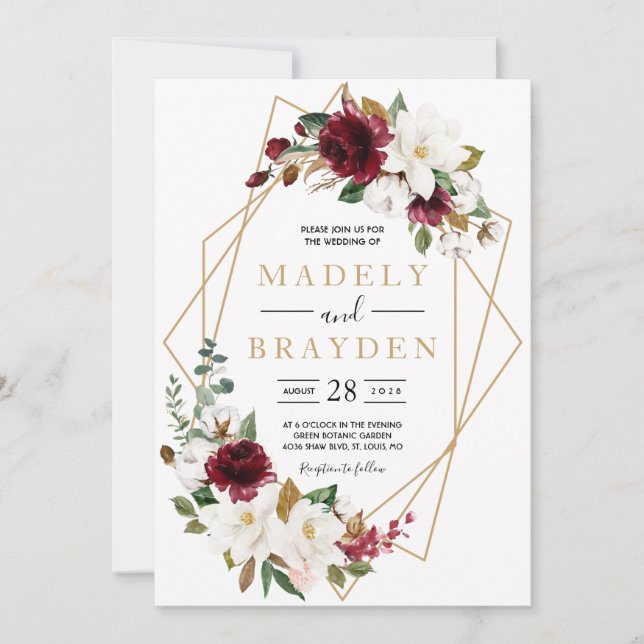 Floral Elegant Burgundy Magnolia Greenery Frame Invitation (Front)