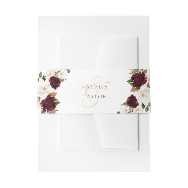 Floral Elegant Burgundy Magnolia Greenery Gold Invitation Belly Band (Front Example)