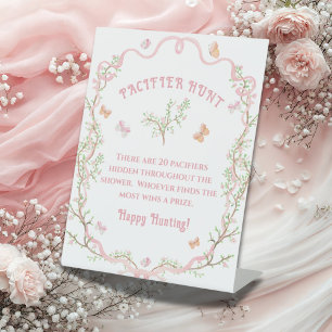 Floral Elegant Butterfly Pacifier Hunt Baby Shower Pedestal Sign