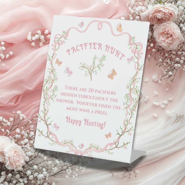 Floral Elegant Butterfly Pacifier Hunt Baby Shower Pedestal Sign (Creator Uploaded)