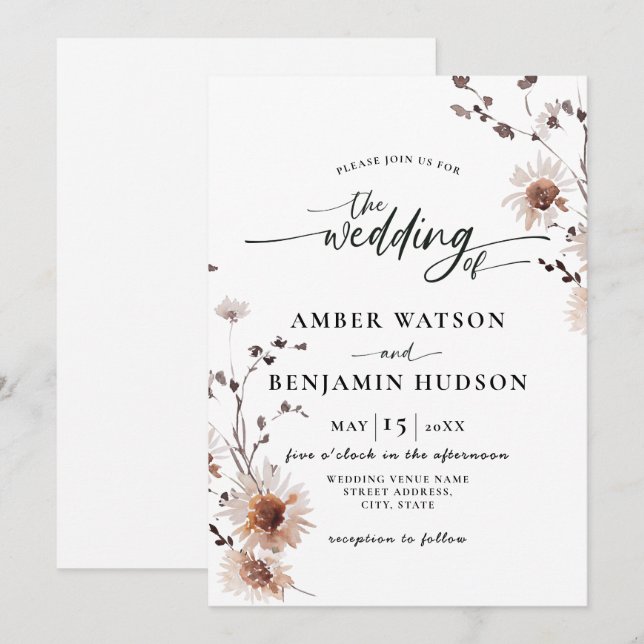 Floral Elegant Calligraphy Dried Flowers Wedding Invitation (Front/Back)