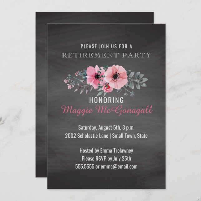 Floral Elegant Chalkboard Retirement Party Teacher Invitation (Front/Back)