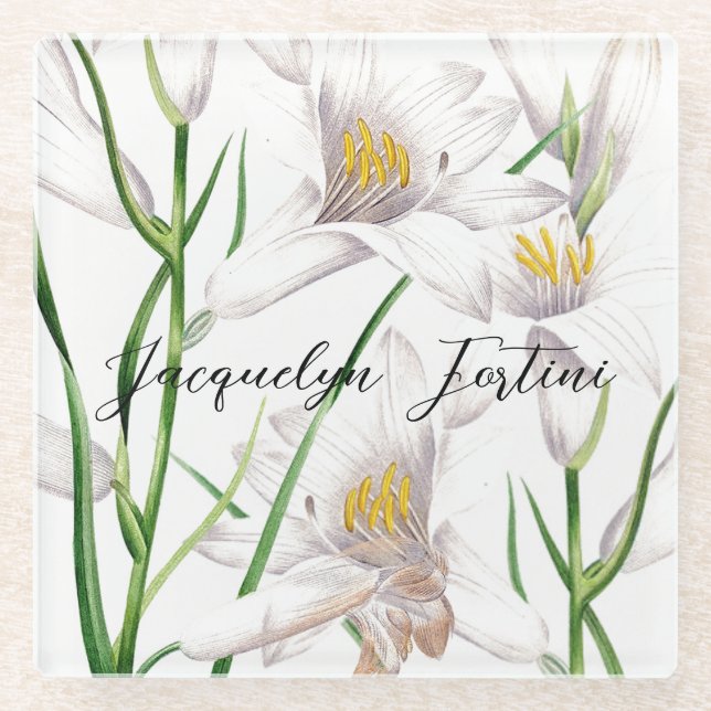 Floral Elegant Chic Cute Calligraphy Add Name Glass Coaster (Front)