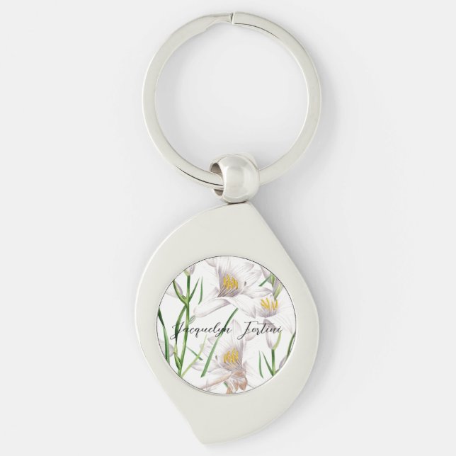Floral Elegant Chic Cute Calligraphy Add Name Key Ring (Front)