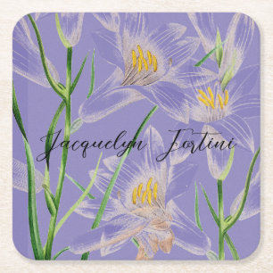 Floral Elegant Chic Cute Calligraphy Add Name Square Paper Coaster