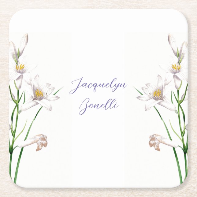 Floral Elegant Chic Cute Calligraphy Add Name Square Paper Coaster (Front)