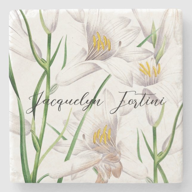 Floral Elegant Chic Cute Calligraphy Add Name Stone Coaster (Front)