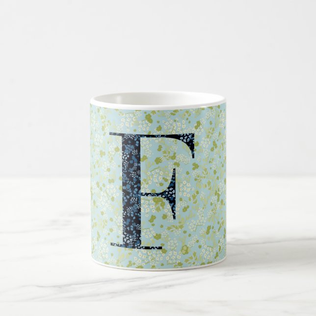 Floral Elegant Classy Monogram F blue w/phrase Coffee Mug (Center)