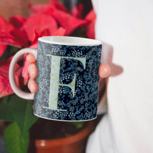 Floral Elegant Classy Monogram F blue w/phrase Coffee Mug