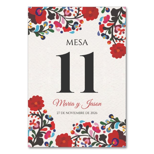 Floral Elegant Colorful Fiesta Spanish Wedding Table Number (Front)