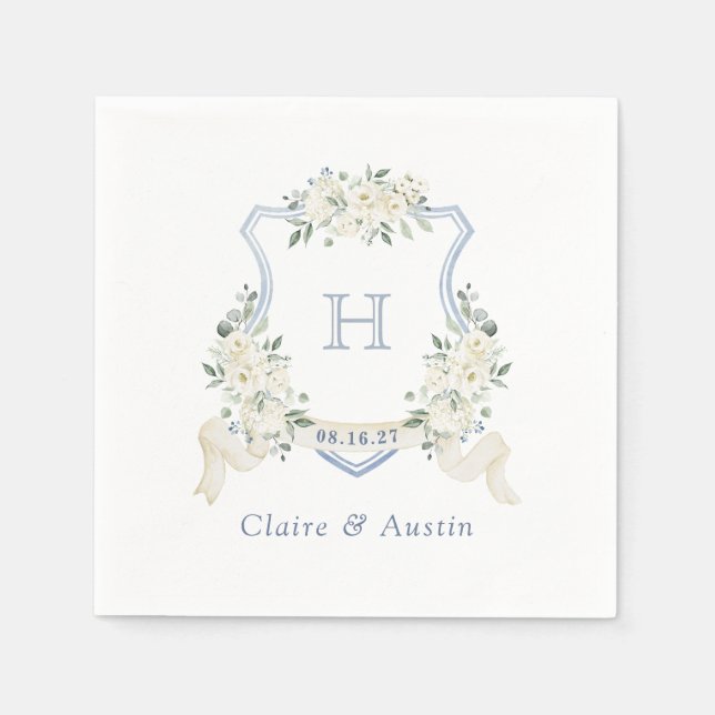 Floral Elegant Crest Dusty Blue Wedding Monogram Napkin (Front)