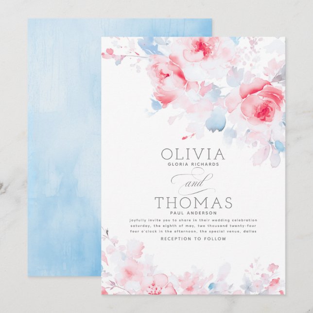 Floral Elegant Dusty Blue and Pink Wedding Invitation (Front/Back)