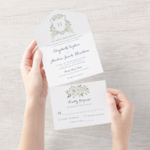 Floral Elegant Dusty Blue Crest Greenery Wedding All In One Invitation