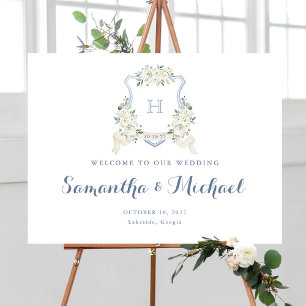Floral Elegant Dusty Blue Crest Welcome Sign