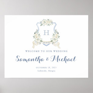 Floral Elegant Dusty Blue Crest Welcome Sign