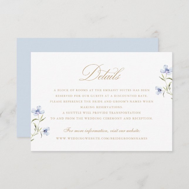 Floral Elegant Dusty Blue Gold Wedding Details Invitation (Front/Back)