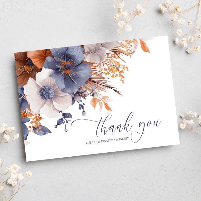 Floral Elegant Dusty Blue Rust Wedding Thank You Card (Floral Elegant Dusty Blue Rust Wedding Thank You Card)