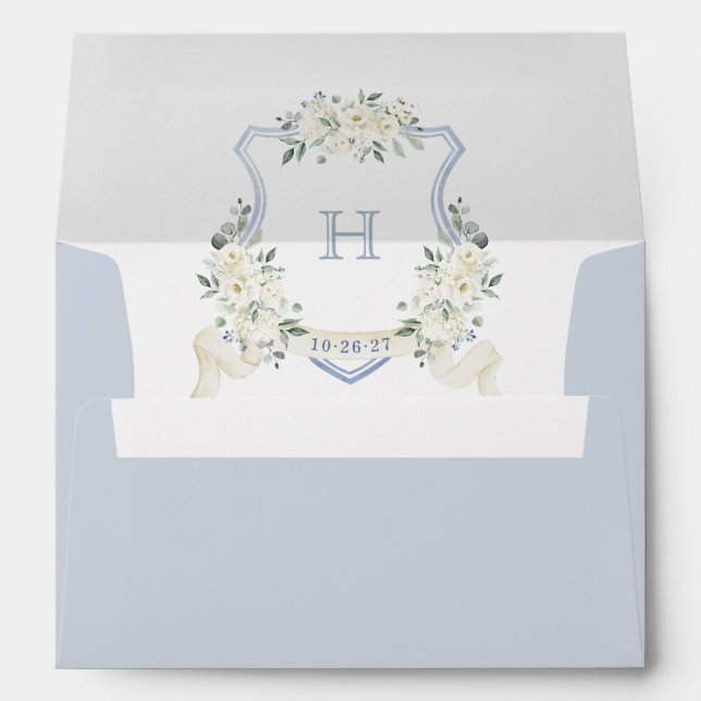 Floral Elegant Dusty Blue Wedding Crest Envelope (Back (Bottom))