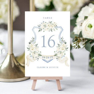 Floral Elegant Dusty Blue White Crest Table Number