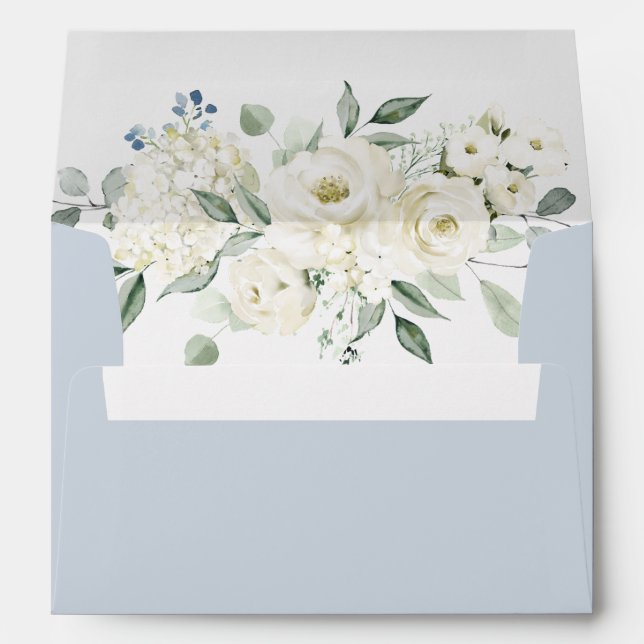 Floral Elegant Dusty Blue White Wedding Envelope (Back (Bottom))