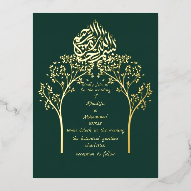 Floral elegant EMERALD GREEN muslim wedding  Foil Invitation Postcard (Front)