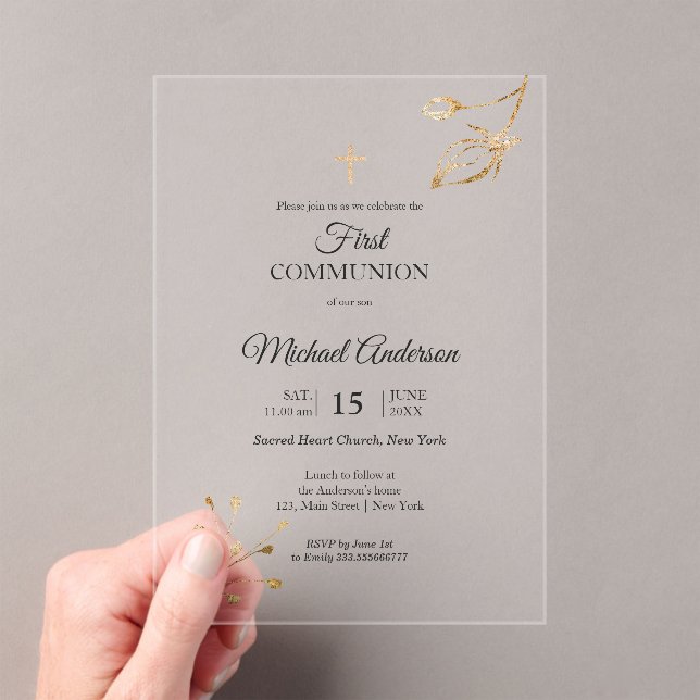 Floral elegant First Communion Religious event Acrylic Invitations (Insitu (Handheld))