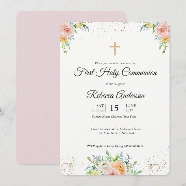 Floral elegant First Communion Religious event Invitation (Front/Back)