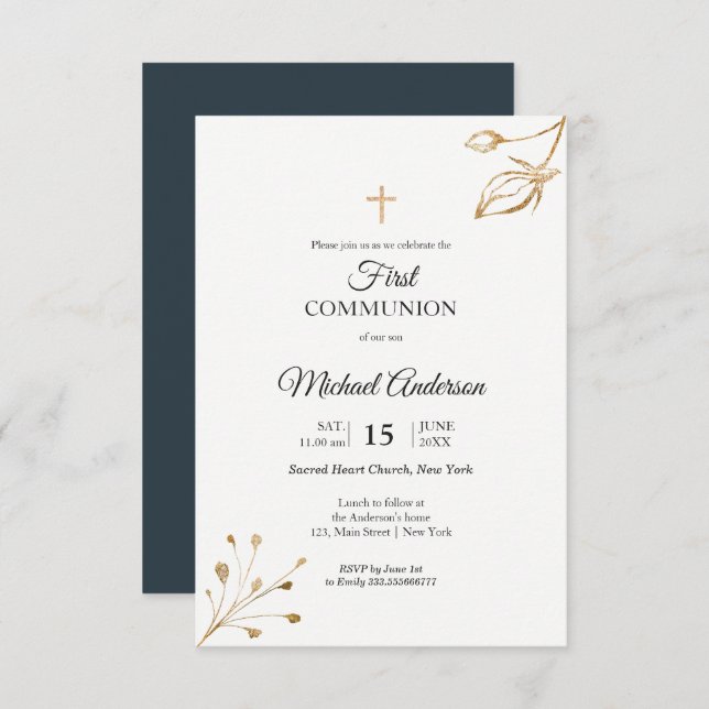 Floral elegant First Communion Religious event Invitation (Front/Back)