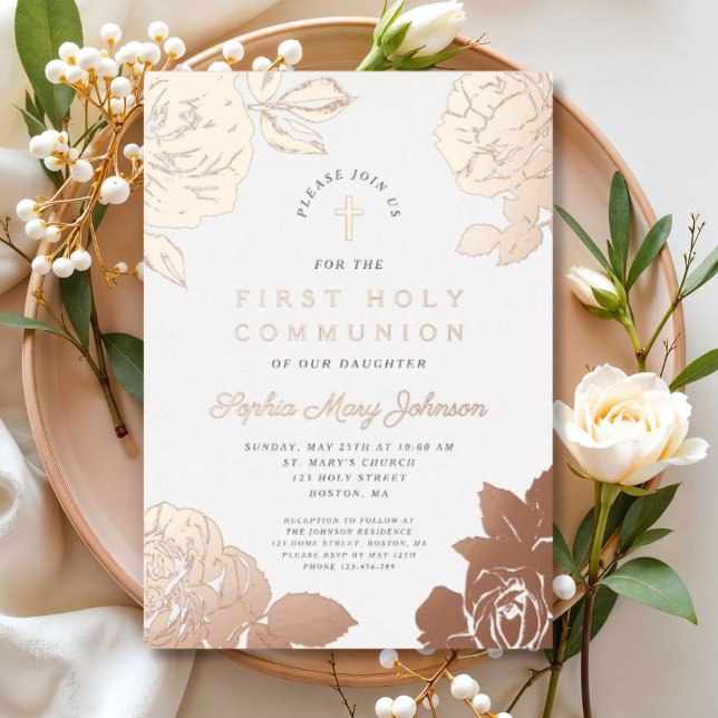 Floral Elegant First Communion Rose Gold   (Elegant Floral First Communion Rose Gold Foil Invitation)
