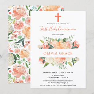 Floral elegant first holy communion girl invitation