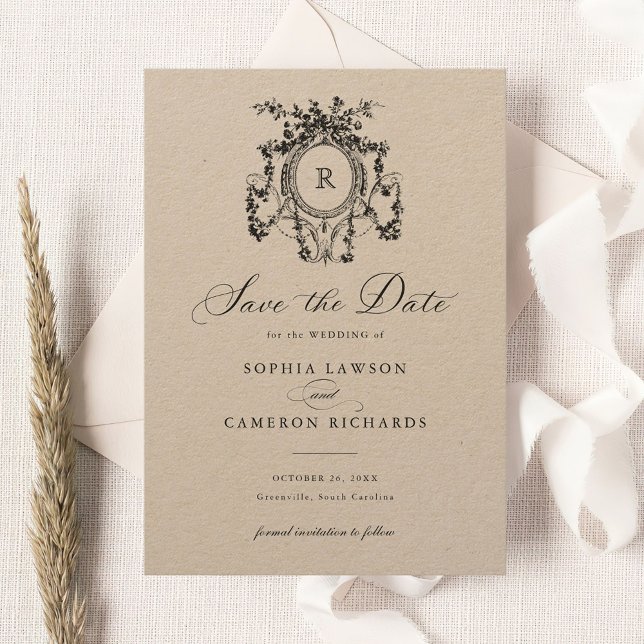 Floral Elegant French Roses Crest Kraft Save Date Invitation (Creator Uploaded)