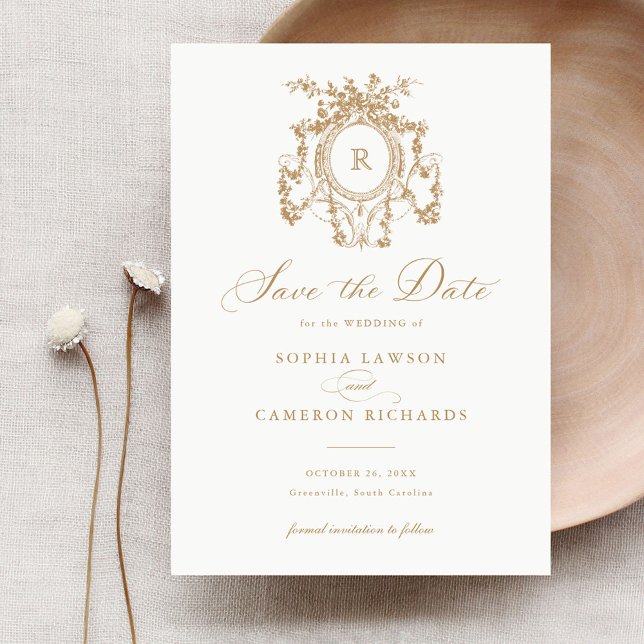 Floral Elegant French Roses Gold Crest Save Date Invitation (Creator Uploaded)