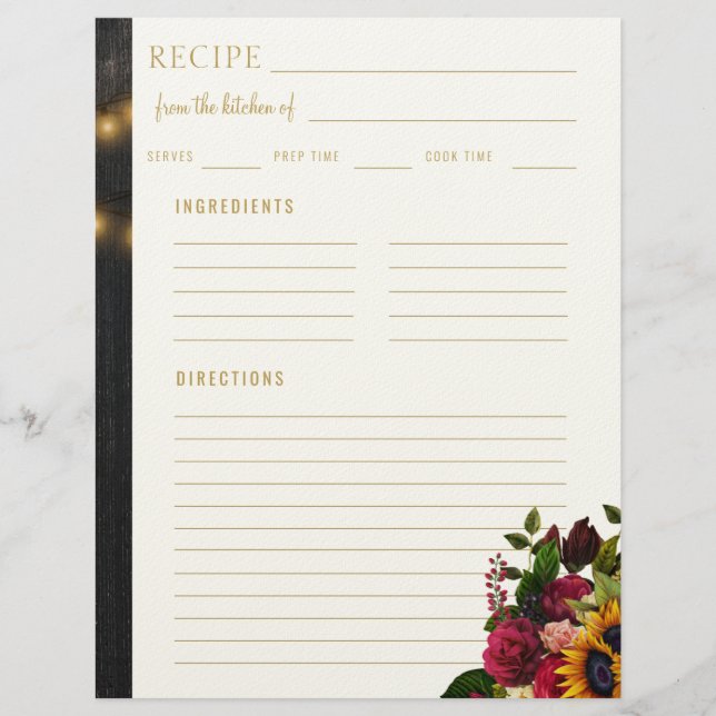 Floral elegant from the kitchen of blank recipe custom letterhead (Front)