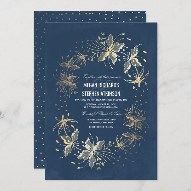 Floral Elegant Gold and Navy Wedding Invitation (Front/Back)