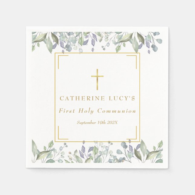 Floral Elegant Gold Cross First Holy Communion Napkin (Front)