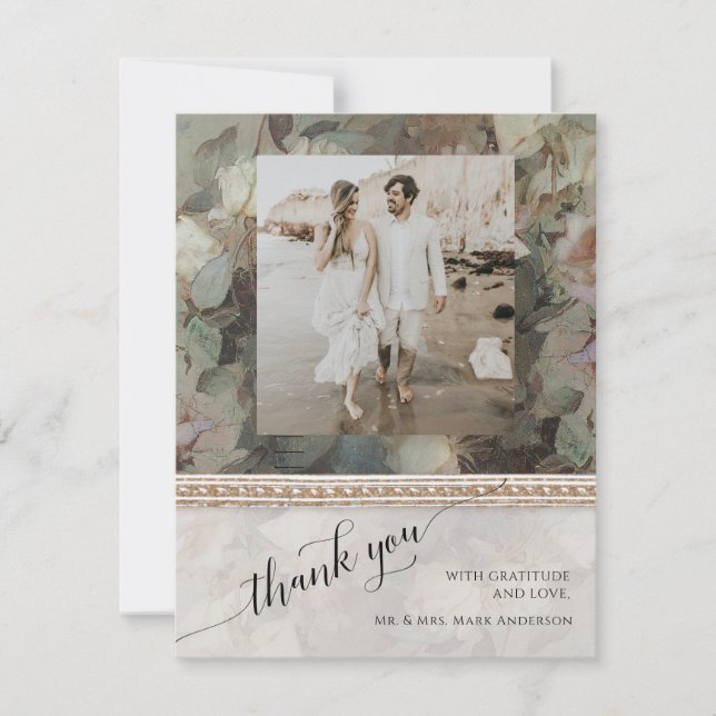 Floral Elegant Gold Gilded Classic Wedding Photo  Thank You Card (Front)