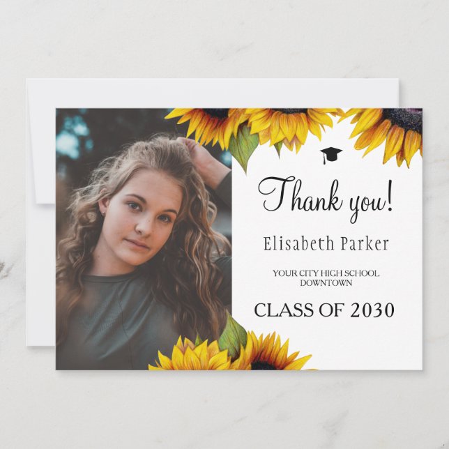 Floral elegant graduation photo graduate thank you card (Front)